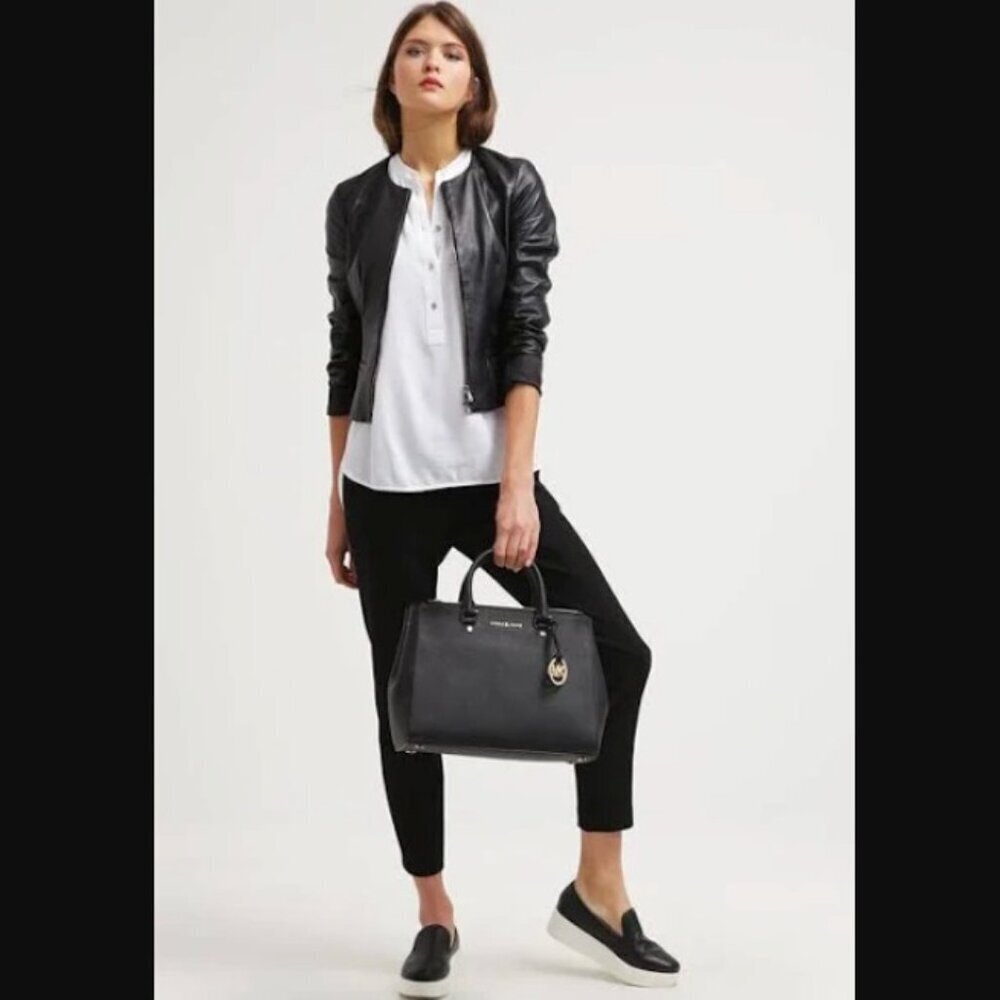 MK MICHAEL KORS  SUTTON Saffiano Leather Black Gold Med Handbag 12.5 x 9 x 4"